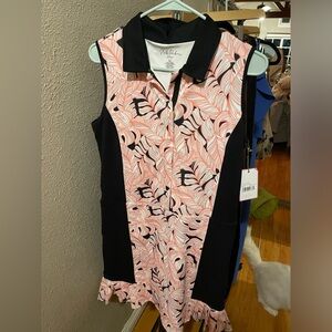 Stella Parker Pink Leaf-Print Sleeveless Midi Dress with Black Panels